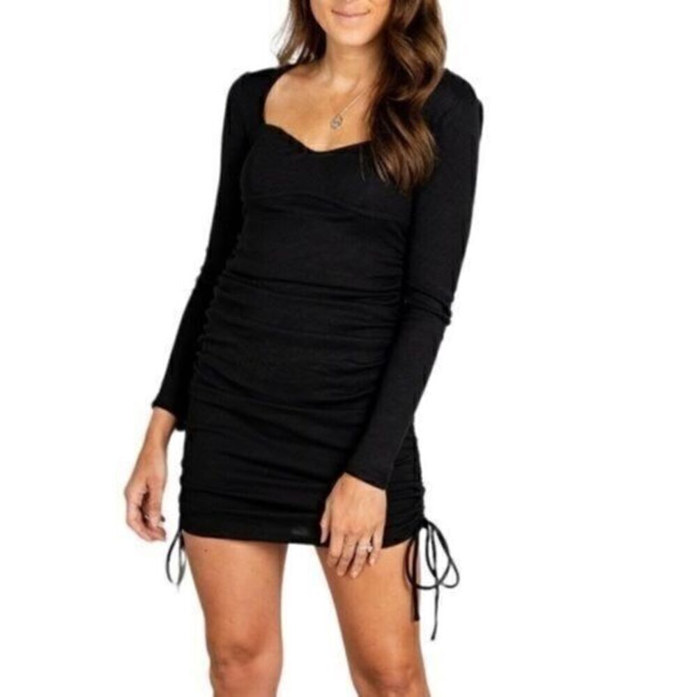 Lush Nordstrom Ruched Side Tie Mini Dress Large Black/Cream Floral Print NWT